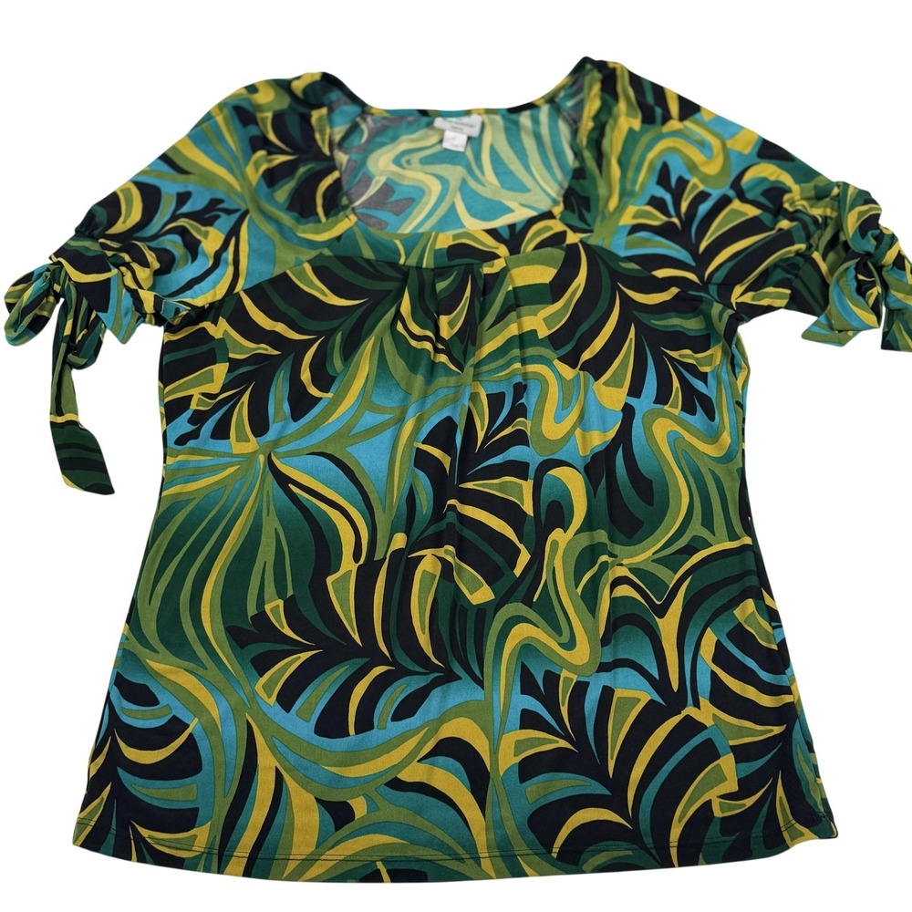 Worthington Shirt Large Multicolor Tropical Leaf Tie Sleeve Blouse Art Office